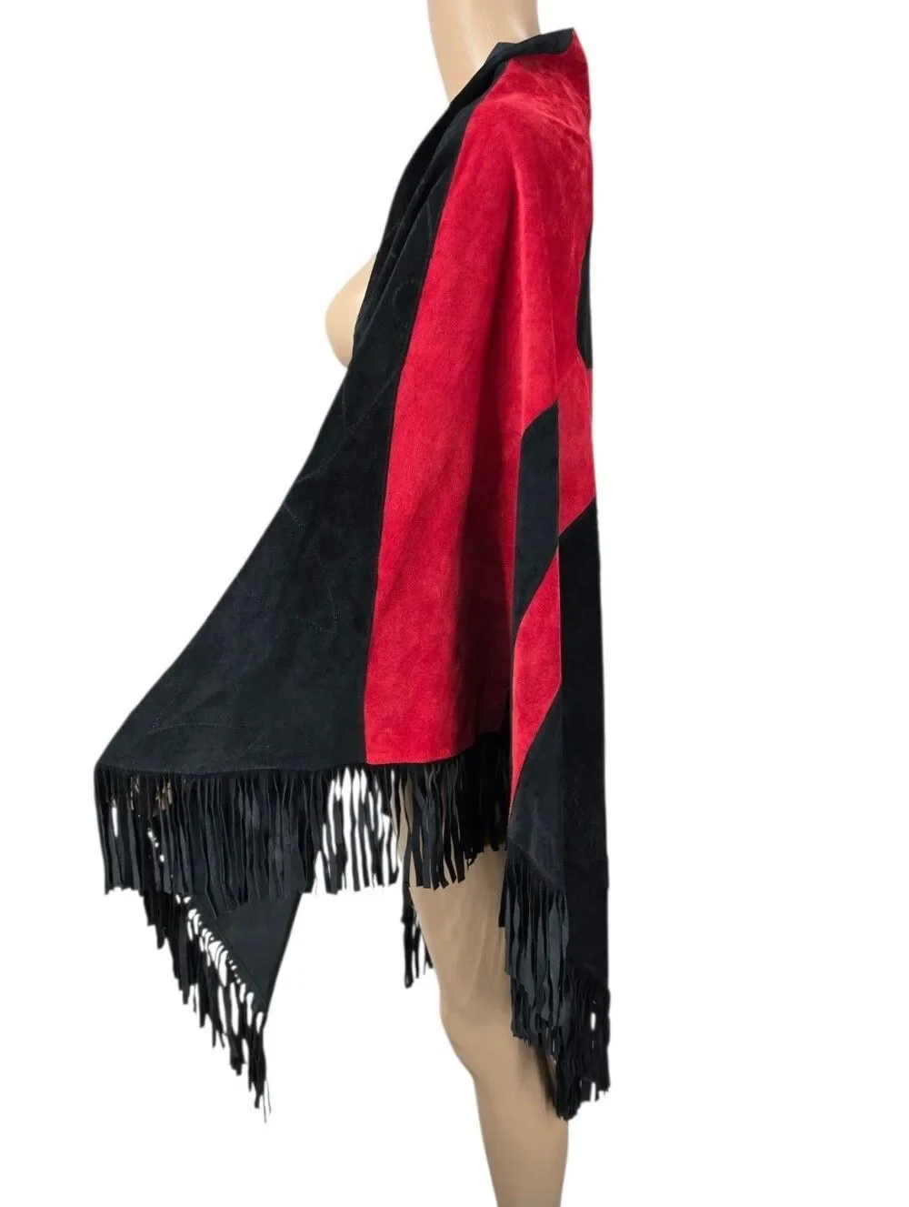 Vintage Black & Red Suede Nubuck All Leather Fringe Shawl Embroidered